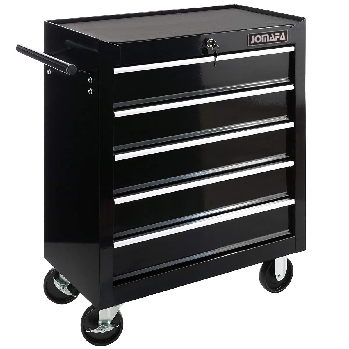 JOMAFA Carro de Taller Caja de Herramientas | 5 cajones | Cerradura por Llave | 4 Ruedas | 2 Ruedas con Freno de Bloqueo | Alfombrillas Antideslizantes
