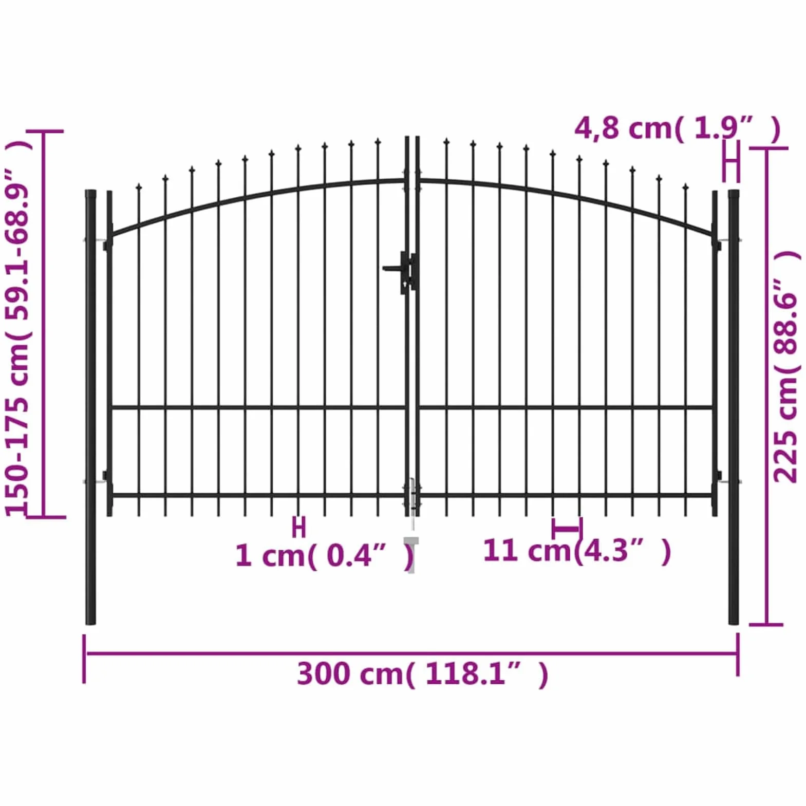 ShGaxin Cancela de Valla Doble Puerta con Puntas, Puertas Metalicas Exterior, Puerta Jardin, Valla De Jardin, Puerta De Jardín, Acero Negro 3x1,75 m