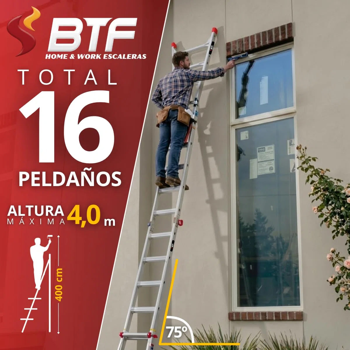 Escalera Telescópica Plegable de Aluminio | Multifuncional en Tijera y Apoyo | Certificación EN131, Carga 150 kg. Ligera, Segura y Portátil para Uso Profesional (4x4PRO)
