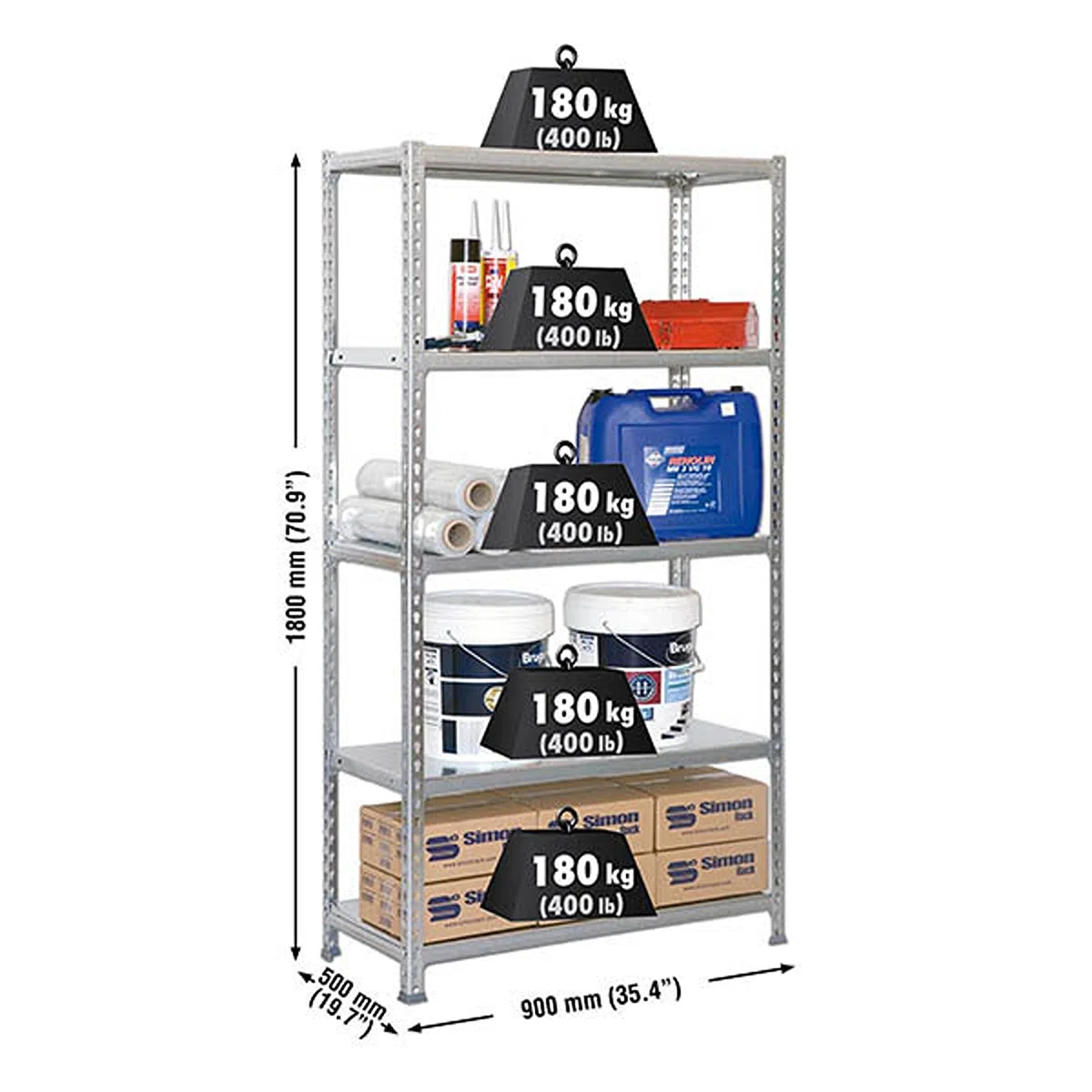 SimonRack Estanteria Metalica, 5 Baldas Ajustables, 180 kg de Punto Flexión, 1800x900x500 mm, Estantería Almacenaje, Sin tornillos, Galvanizado - Simonclick