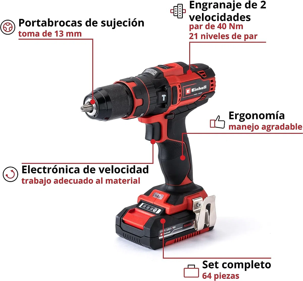 Einhell taladro atornillador percutor con batería TE-CD 18/40 Li-i +64 Power X-Change (iones de litio, 18 V, 40 Nm, electr. velocidad, máx. 24000 rpm, incl. 2x 2,0 Ah baterías, cargador y accesorios)