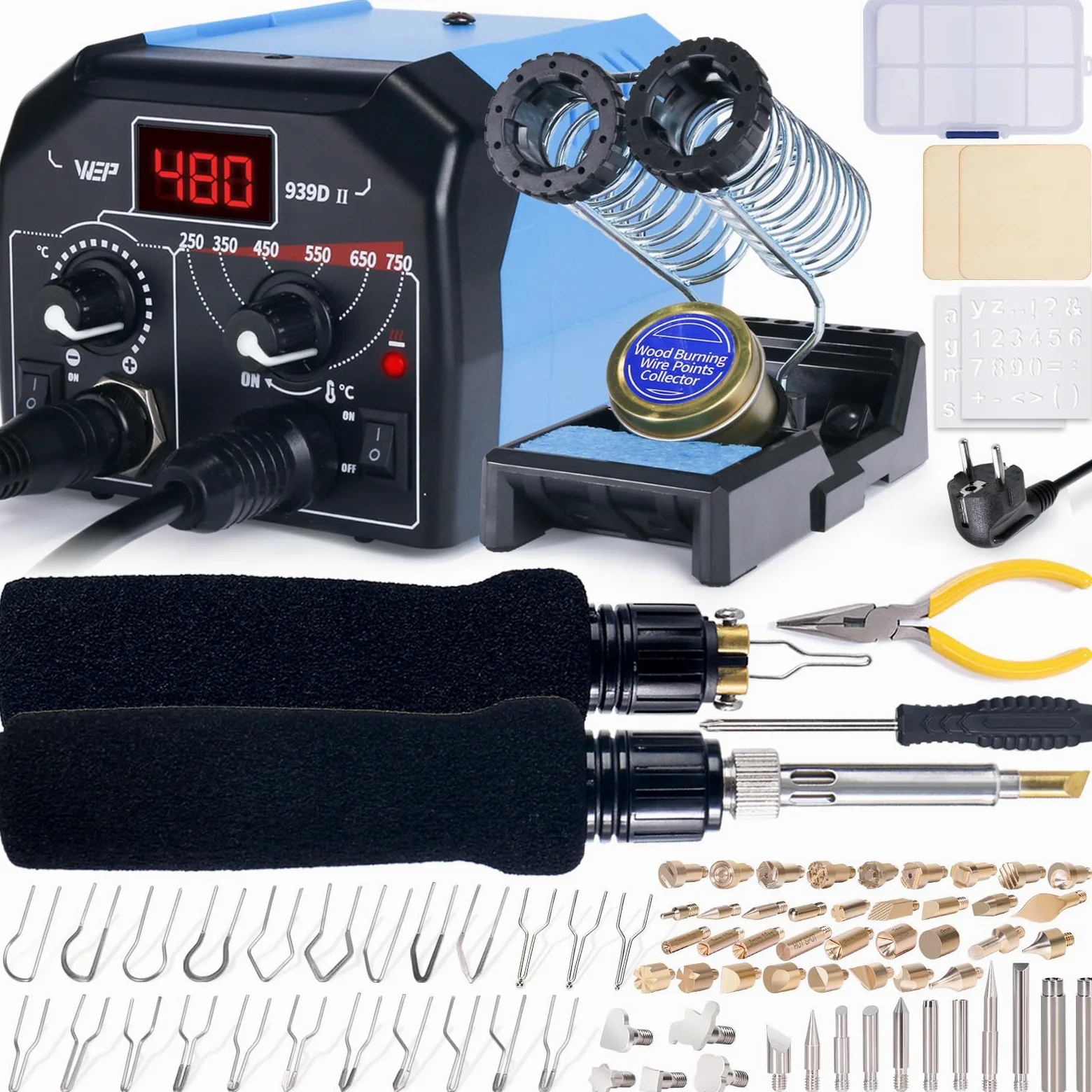 WEP 939D-II Kit pirograbador de madera 2 en 1, 86 en 1 con 51 puntas sólidas 23 de alambre 2 plantillas 2 maderas sin tratar soporte Kit de pirograbado ideal para pirografo y pyrography (enchufe UE)