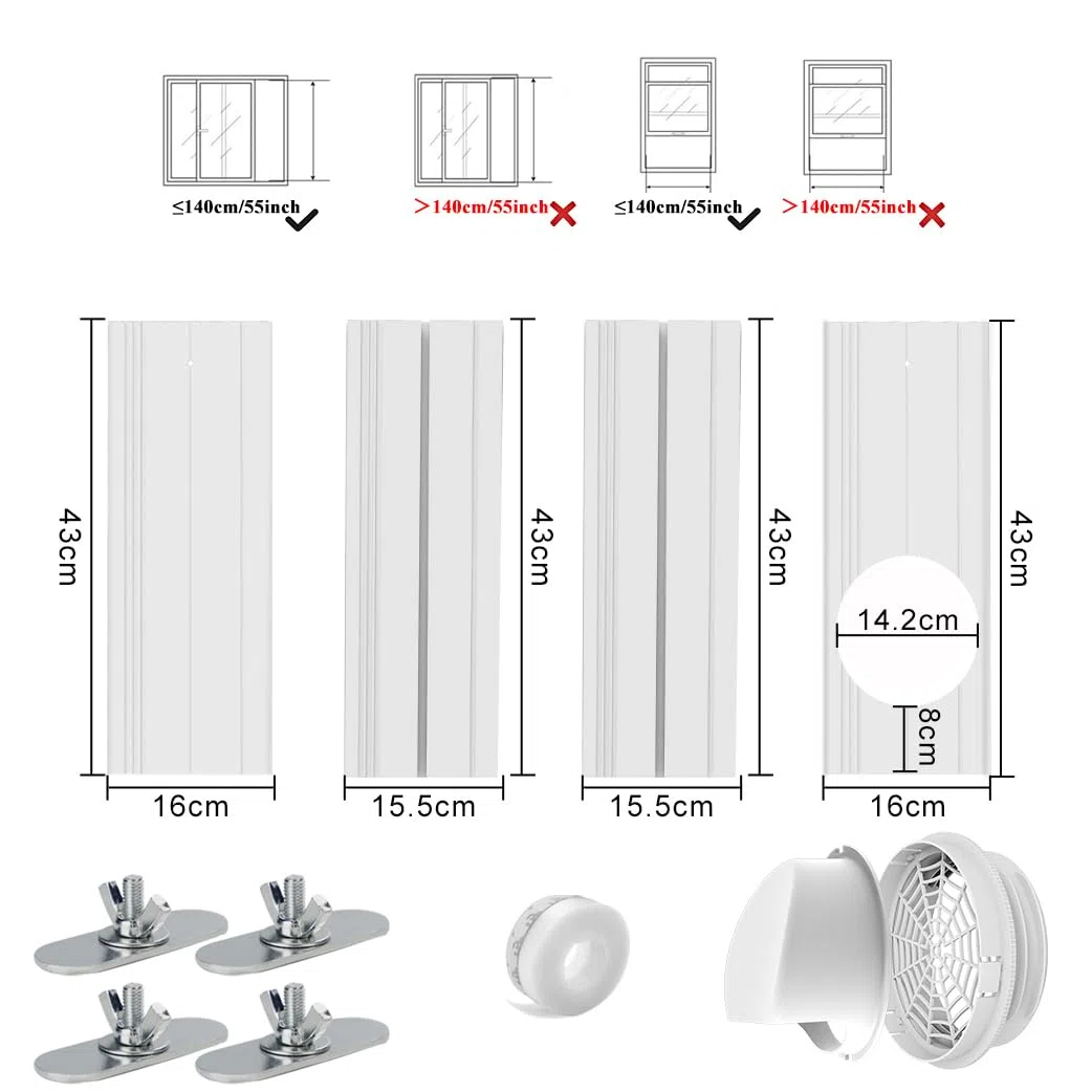 Kit de Sellado de respiradero de Ventana de Aire Acondicionado - para Manguera de Escape de 13 cm y 15 cm, para Ventana Vertical y Horizontal de 43-140 cm - sin Manguera