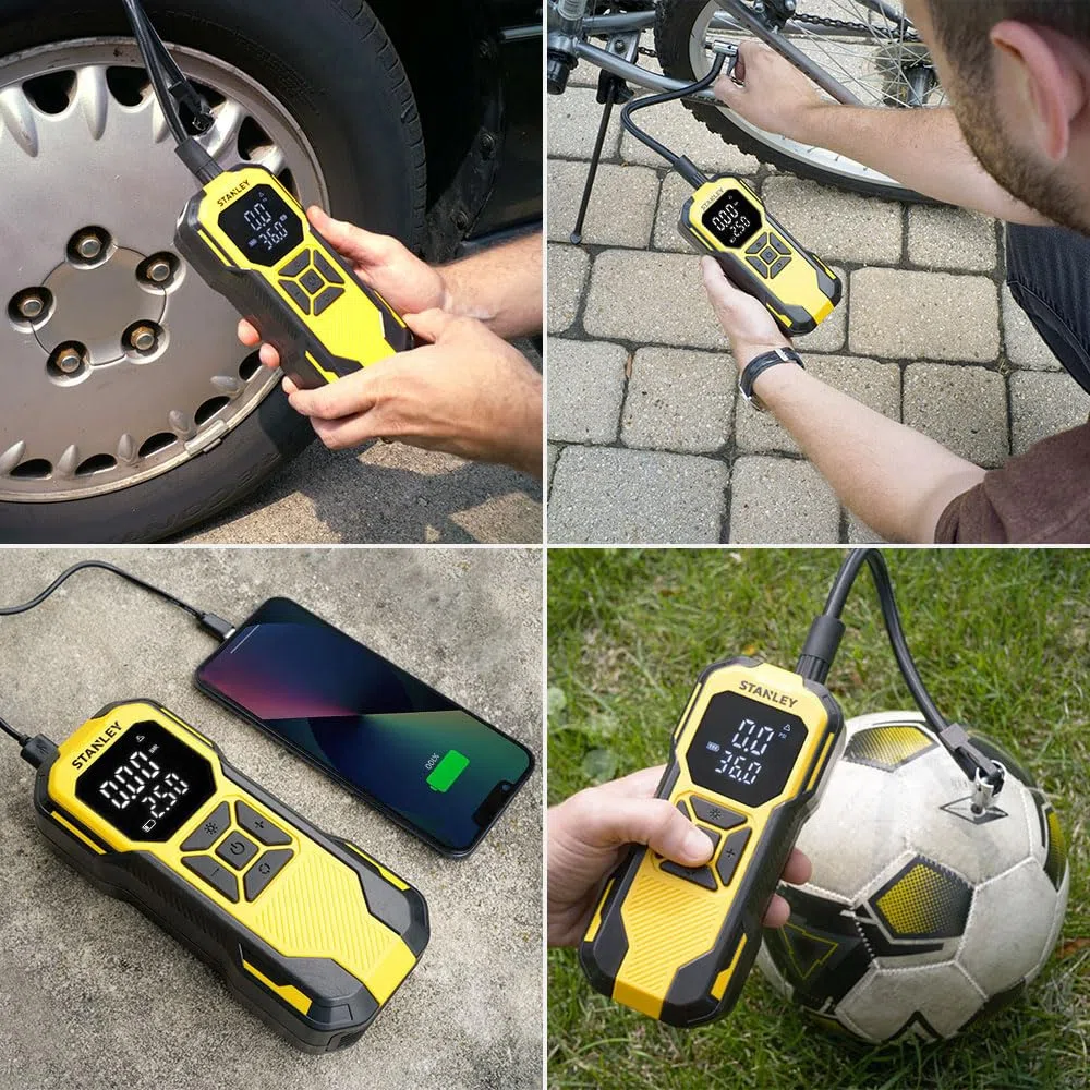 STANLEY - Inflador de aire mini inalámbrico, bomba portátil de 12V para neumáticos de coche y bicicleta, manómetro digital y luz LED, diseño compacto, amarillo