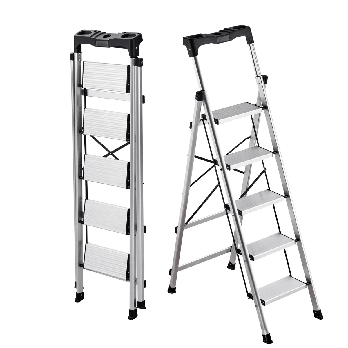 VEVOR Escalera de Aluminio Plegable 5 Peldaños, Escalera de Tijera con Pedal Antideslizante y Empuñadura Cómoda, Capacidad de 150 kg, Taburete Multifuncional para Cocina, Almacén, Hogar, Oficina