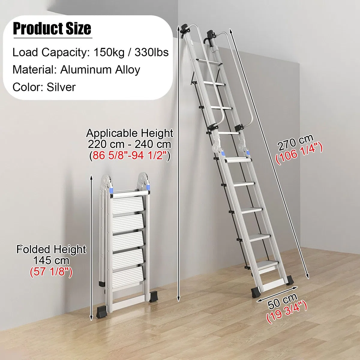 Escaleras para Áticos Escalera Portátil de Aluminio para Ático, Escalera de Escape Plegable para Interiores con Pasamanos y Base de Goma Antideslizante, Escalera Tipo Loft de Carga Alta para Sótano (