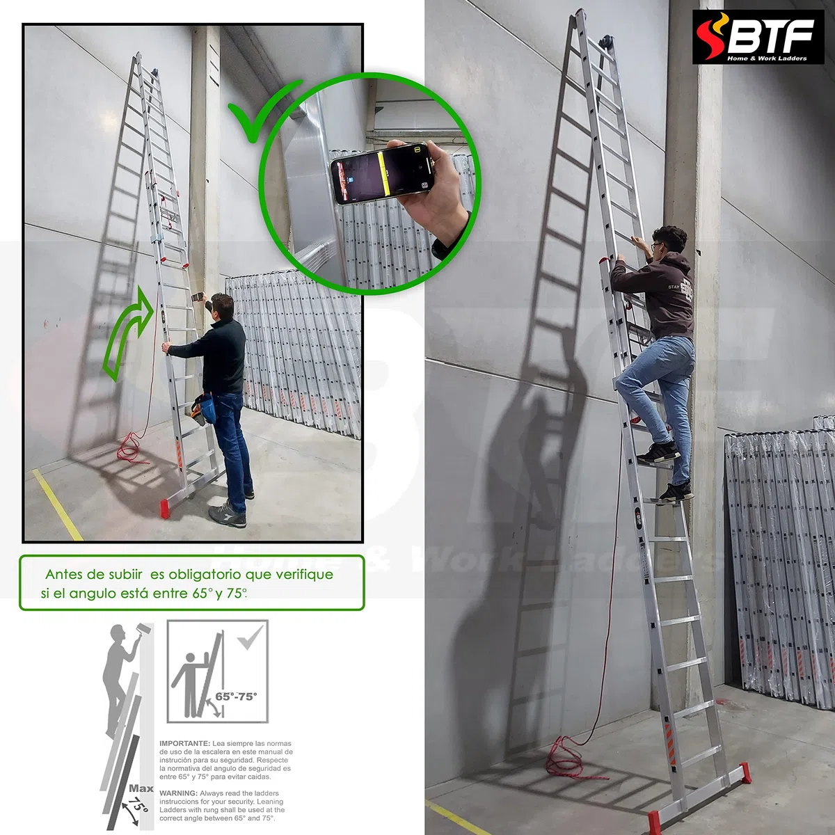 BTF Escalera de Mano Profesional de Aluminio 2 Tramos x 11 Peldaños, Extensible por Cuerda, Altura Extendida 5,6m, Barra Estabilizadora | Uso Profesional, Carga 150kg, Norma EN131. Ref: BTF-EDEAC8035