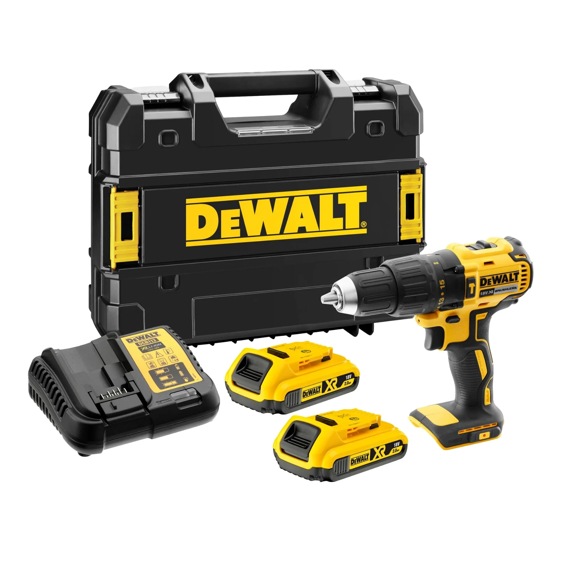 DEWALT XR 18V Brushless Taladro Atornillador Percutor Compacto a Batería, con 2 Baterías XR Li-Ion 2Ah, Cargador, Maletín, Alto Par, Luz LED, Rendimiento Versátil - DCD778D2T-QW