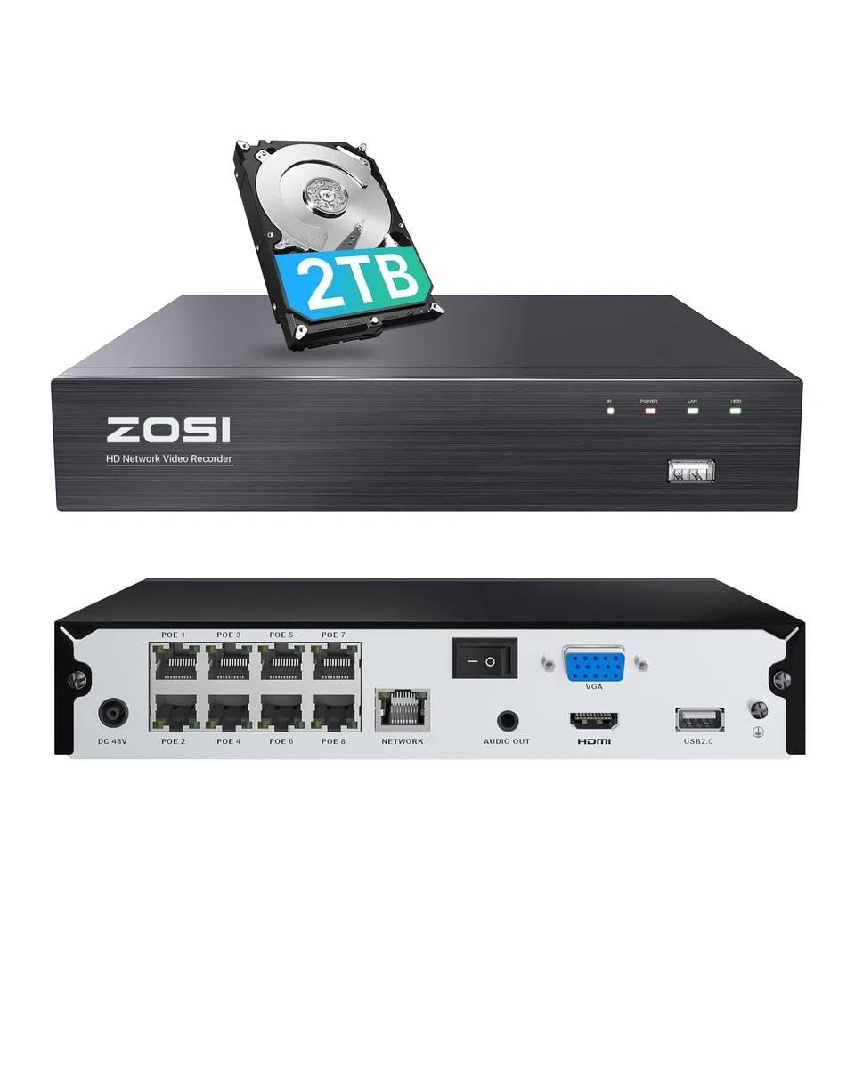 ZOSI 4K 8MP Video Grabador NVR de Seguridad con 2TB Disco Duro para Grabación 24/7, Funciona con ZOSI Cámaras de Vigilancia Exterior e Interior