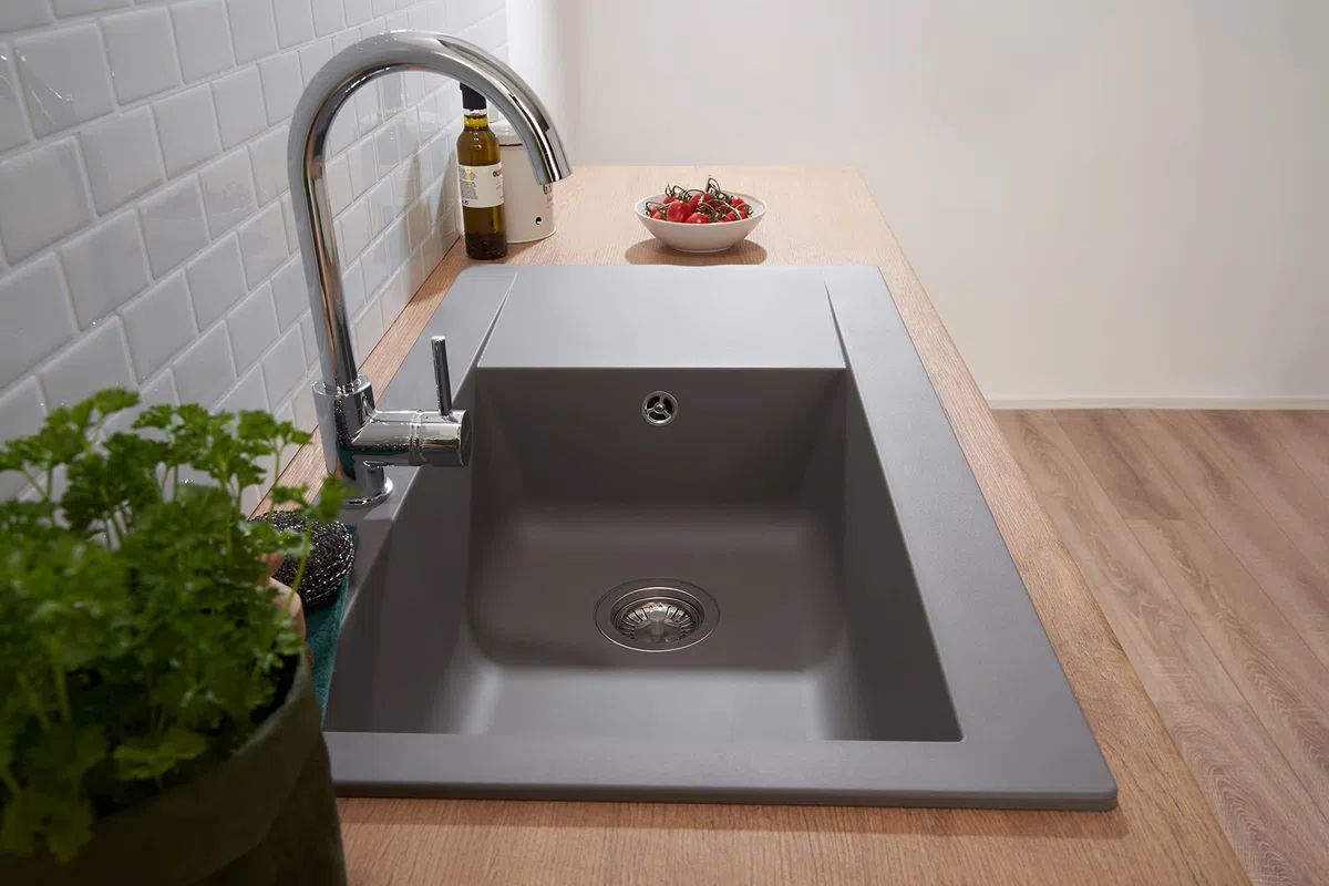 Respekta fregadero de cocina Denver de mineralita en gris cemento/Fregadero empotrable de 1 cubeta en 86 x 50 cm/Lavabo adecuado para armarios inferiores de 60 cm de ancho