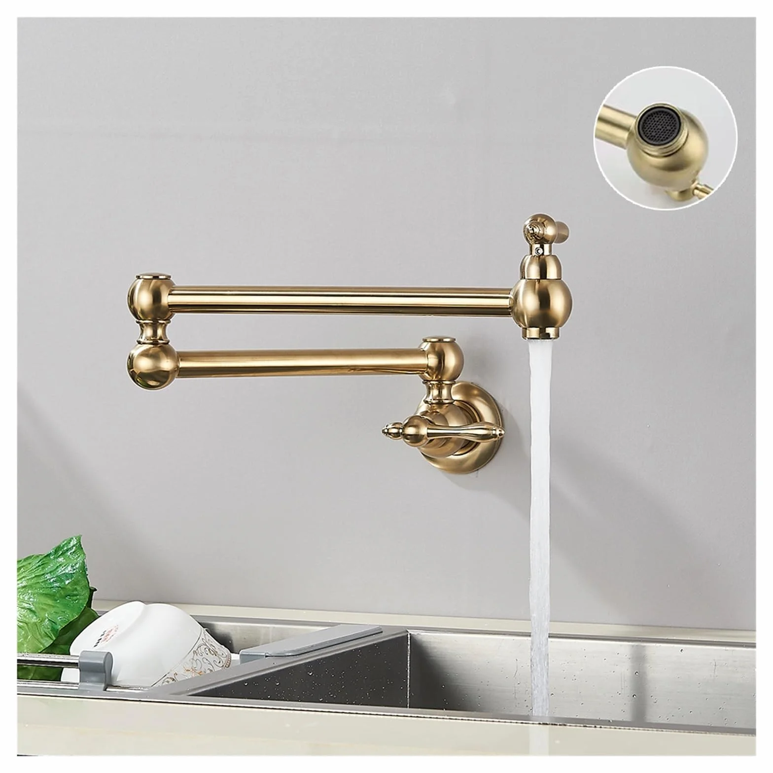 Grifo de llenado de ollas de latón dorado cepillado, grifo de cocina de agua fría individual, grifo de fregadero montado en la pared, caño plegable giratorio, instalación Simple (Color : Brushed Nick