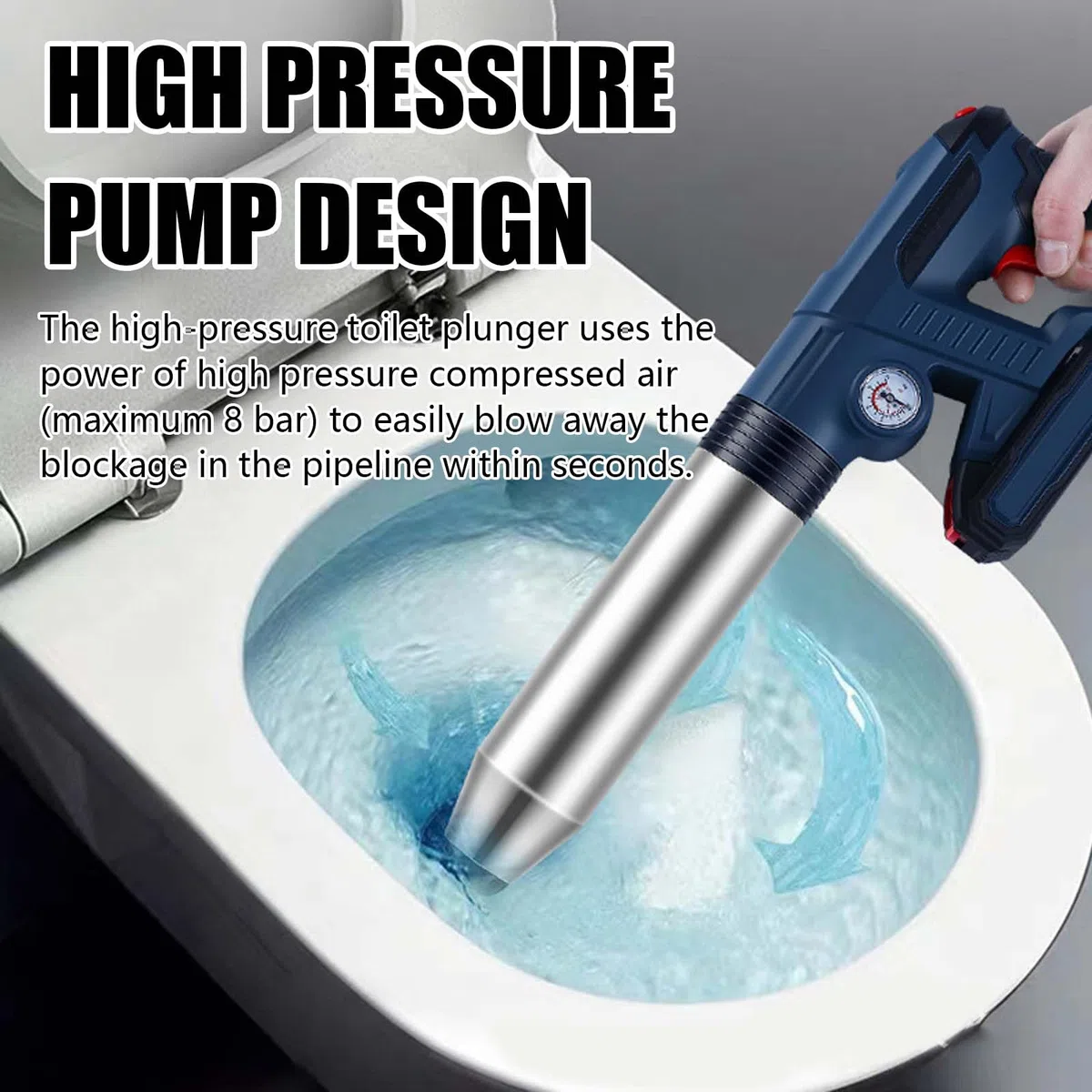 Desatascador Tuberias Eléctrico, Desatascador Fregadero WC Profesional con Indicador de Presión de Aire y 4 Adaptadores de Goma Desatascador de Desagüe para Baño Cocina Inodoro Desagüe de Suelo