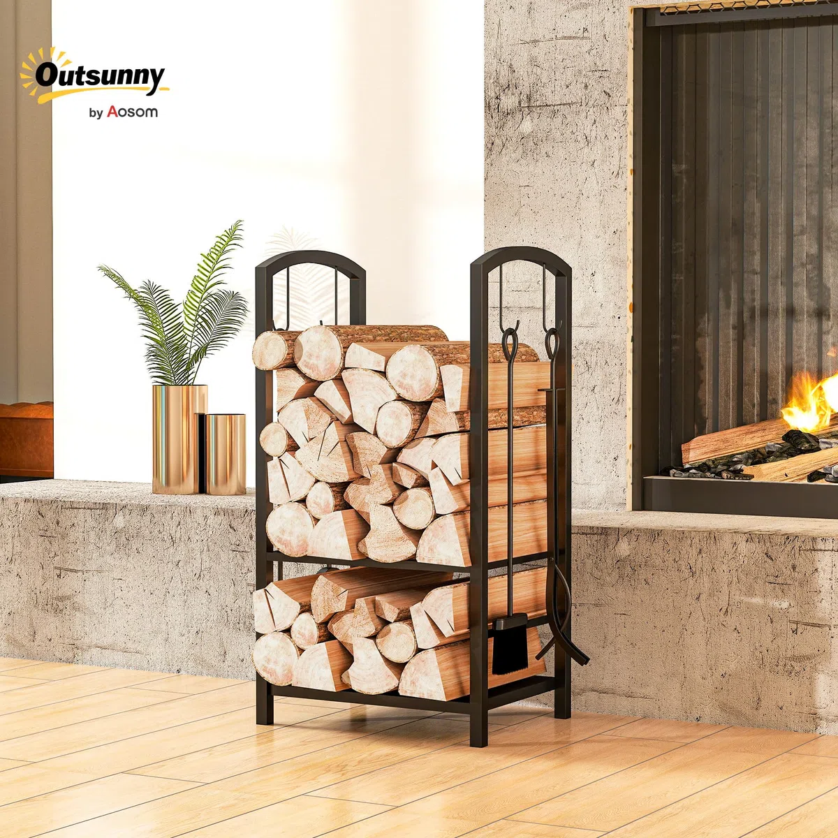 Outsunny Estante de Leña para chimenea Soporte para Leña de 2 Niveles Leñero Exterior e Interior Metálico con 4 Herramientas para Chimenea Carga Máx.100 kg 40x30x74,5 cm Negro