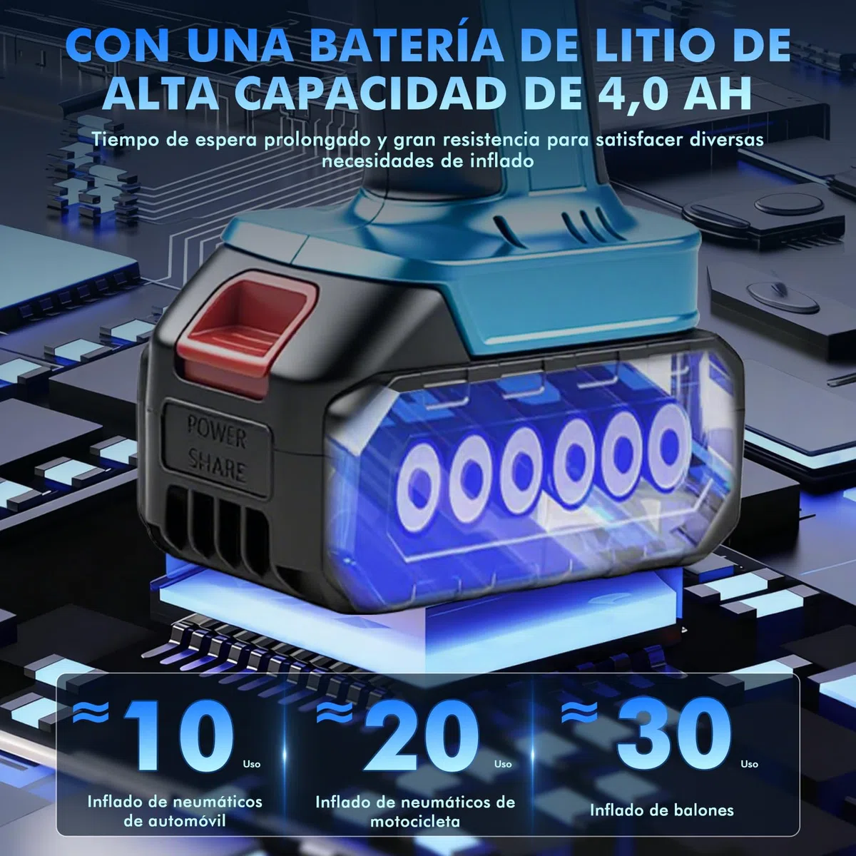 Compresor Aire Portatil Coche Bicicleta, 150PSI Inflador Ruedas Coche Bateria Recargable 4000mAh 21V, Inflador Neumáticos Electrico Bomba Inalámbrica Con LED Para Coche, Moto, Bicicleta, Pelota