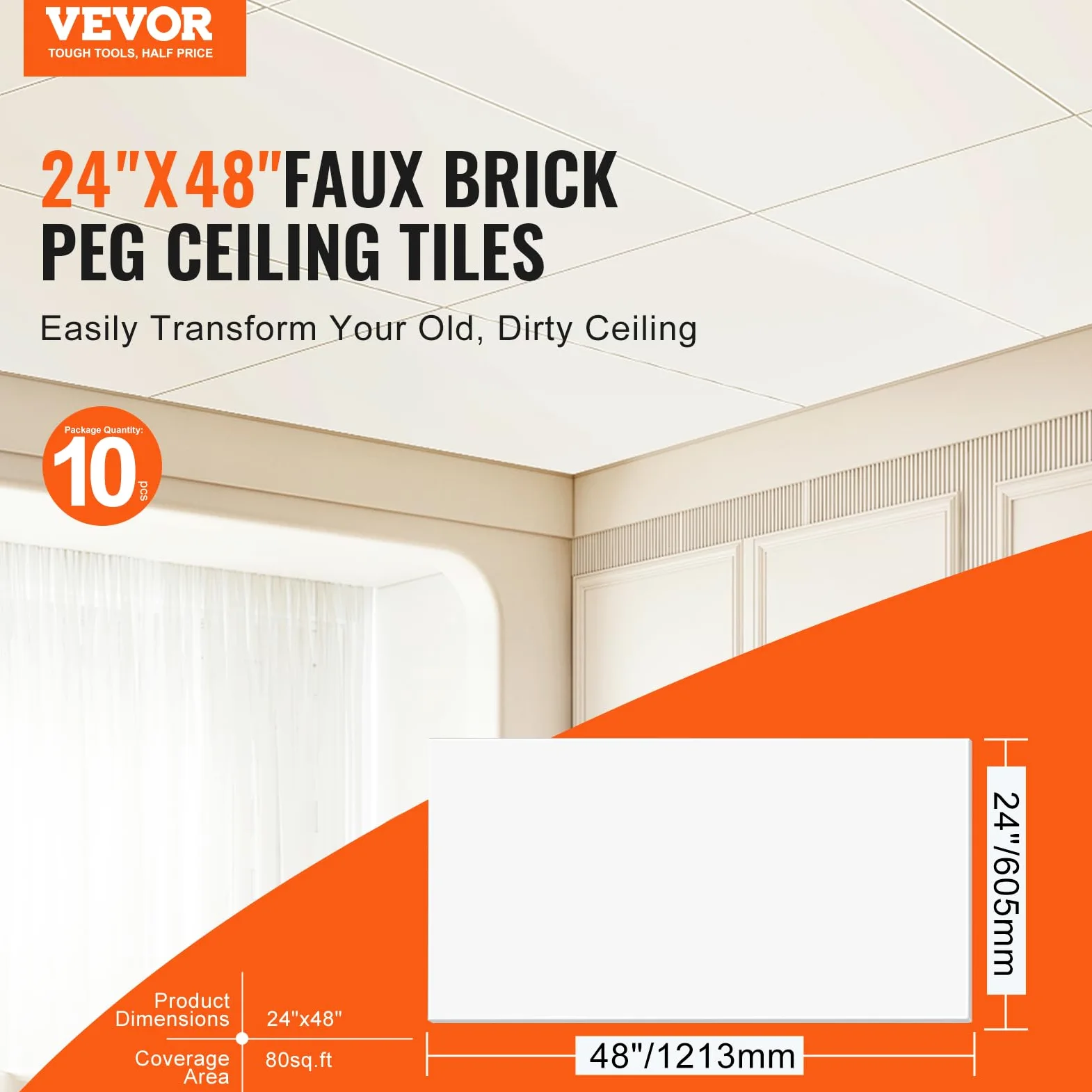 VEVOR Paneles de Techo de Poliestireno 10 Piezas Paneles de Techo de Plástico para Pegar 605x1213 mm Instalación Fácil Revestimiento de Techo de Sótano para Decoración del Hogar, Oficina, Blanco
