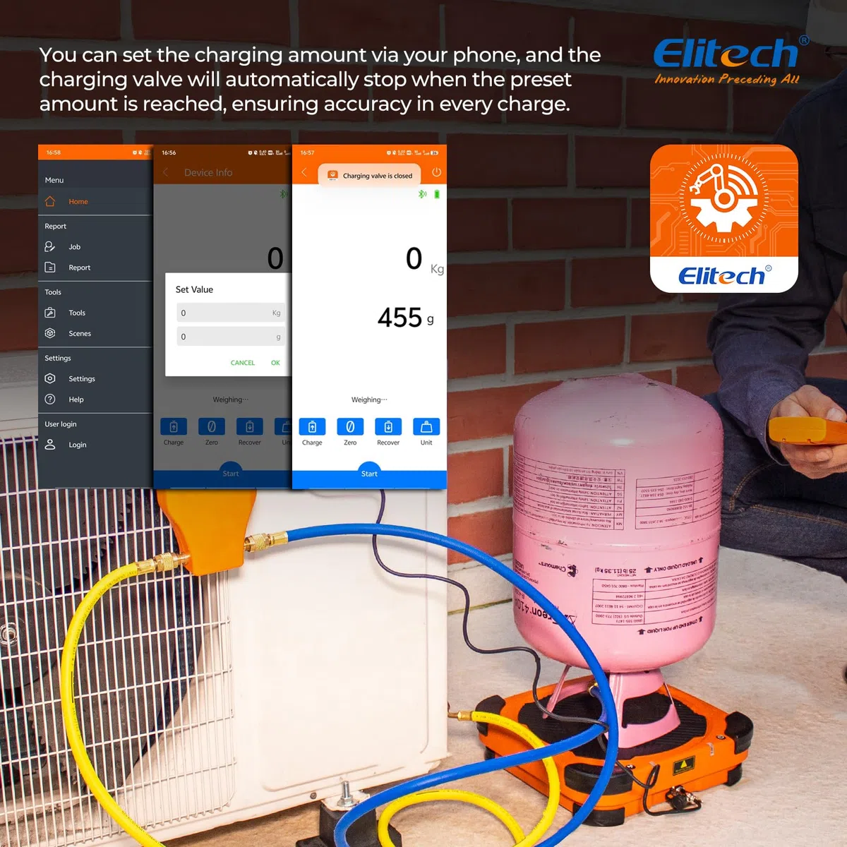 Elitech LMC-310 Báscula Electrónica Refrigerante, 100 KG Inalámbrica para Suministro de Combustible de Refrigerante Electrónico para HVAC y CA Estuche portátil