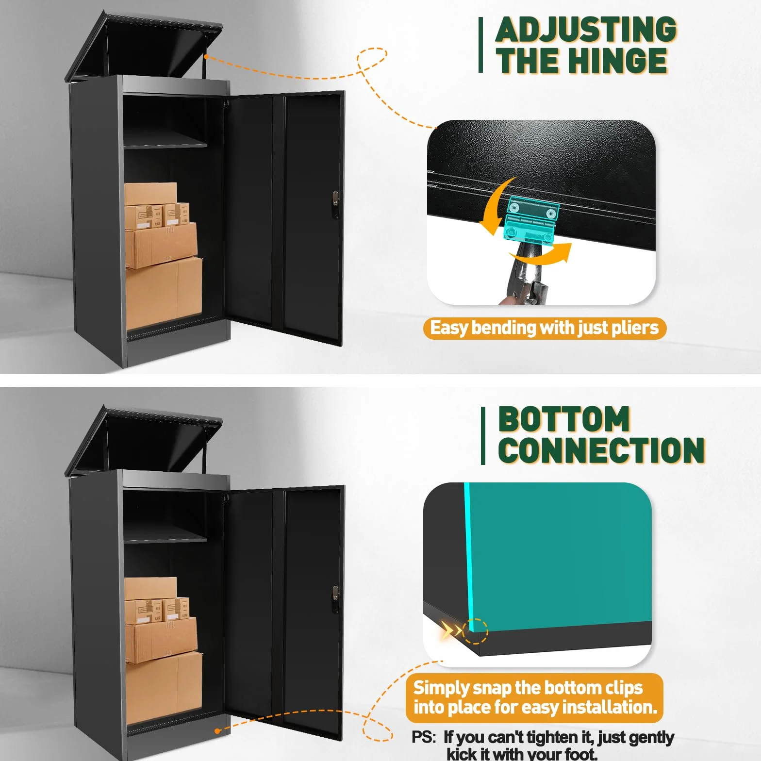 Buzón para exteriores, cajas de paquetes extragrandes con almacenamiento seguro, cajas de paquetes impermeables para exteriores, 53 cm x 42 cm x 130 cm