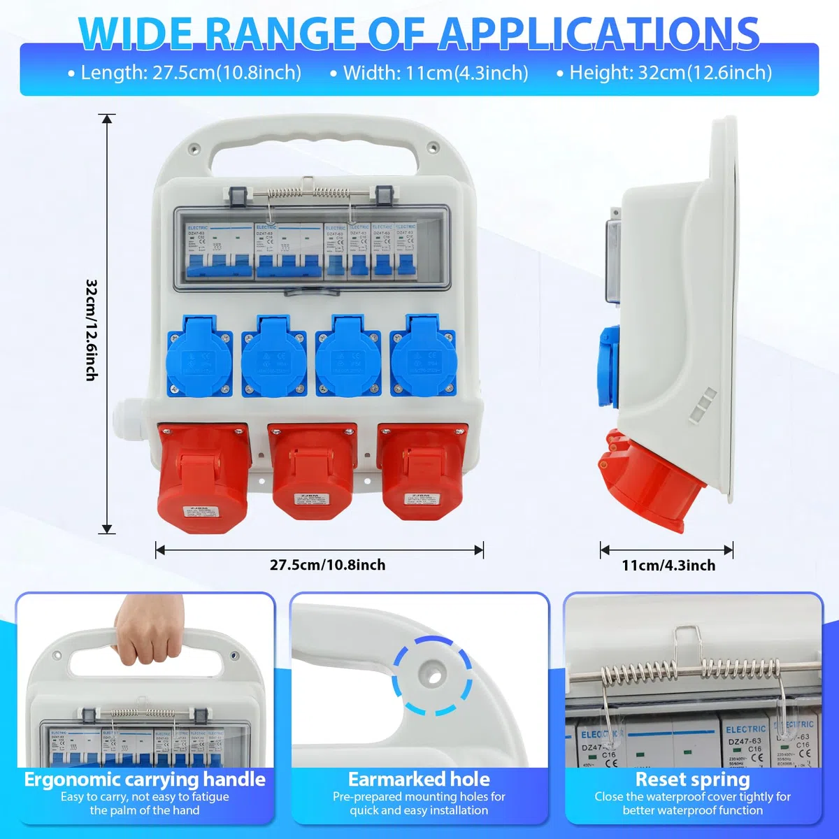 Distribuidor de Corriente para la Construcción 32 A 4 x 230 V + 2 x 16 A 400 V CEE + 1 x 32 A 400 V CEE, Protección Integral IP54, Distribuidor de pared con Tapa Abatible de Seguridad y Cable