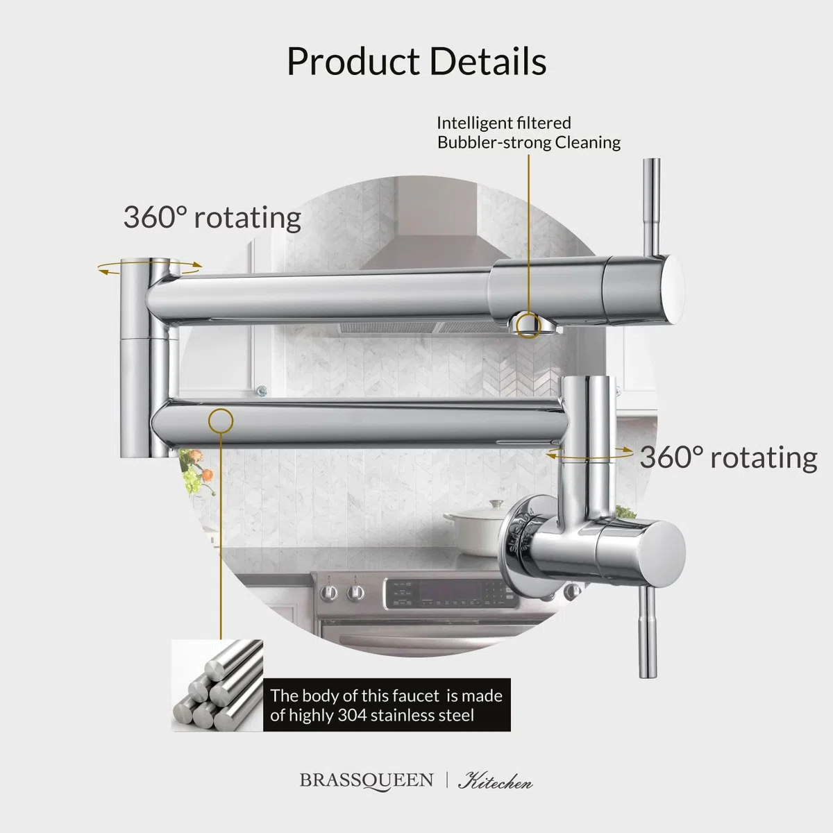 Grifo plegable para llenado de ollas, montaje en pared, NPT comercial, de acero inoxidable, elástico, para fregadero de cocina, con brazo oscilante de doble articulación, un solo agujero