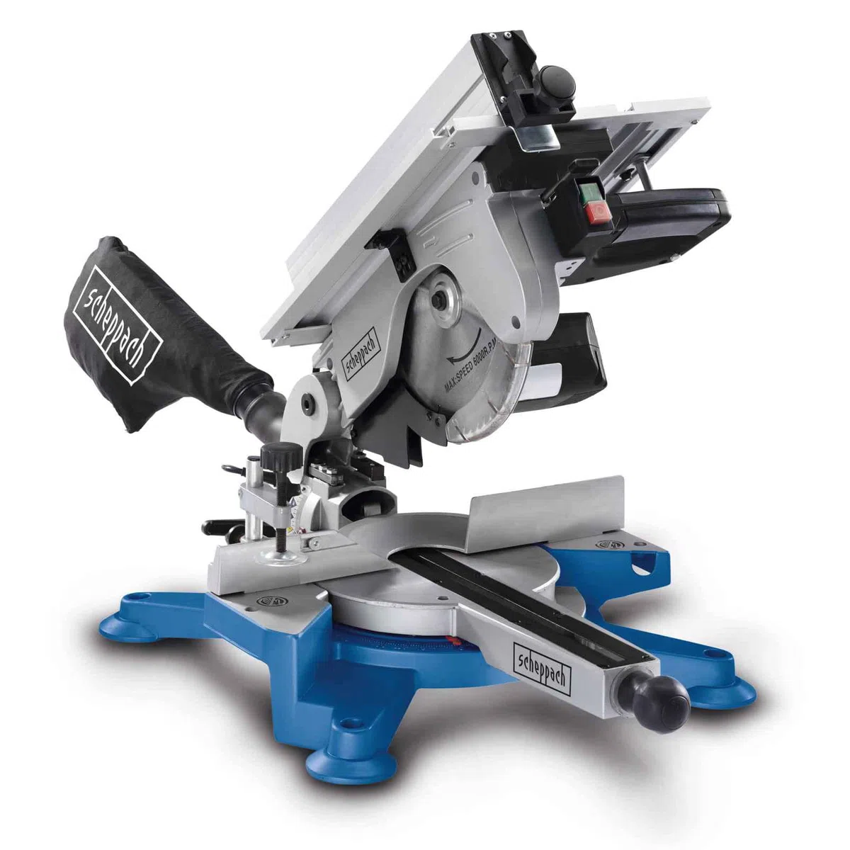 Scheppach 5901103901 ingletadora combinada con tapa de mesa, dos sierras en un solo dispositivo, versátiles, compacta, robusta y ligera, motor de 1800 W, 230 V, azul, plateado, negro