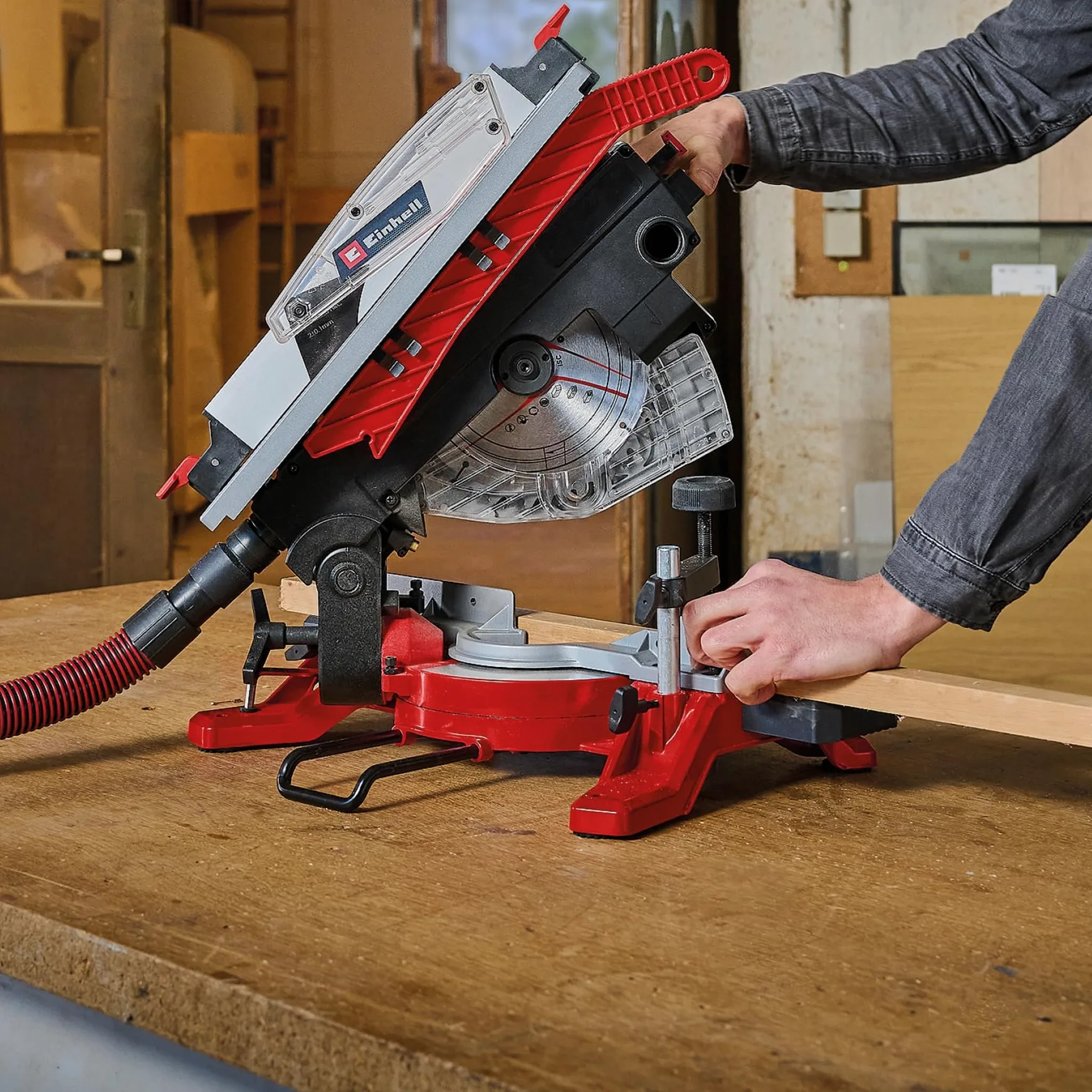 Einhell Sierra ingletadora y tronzadora y mesa TE-MS 216 T (1500W, hoja de sierra de Ø216mm, ancho de corte 120mm, profundidad 55mm, incl. láser de línea de corte, func. de sierra circular de mesa)