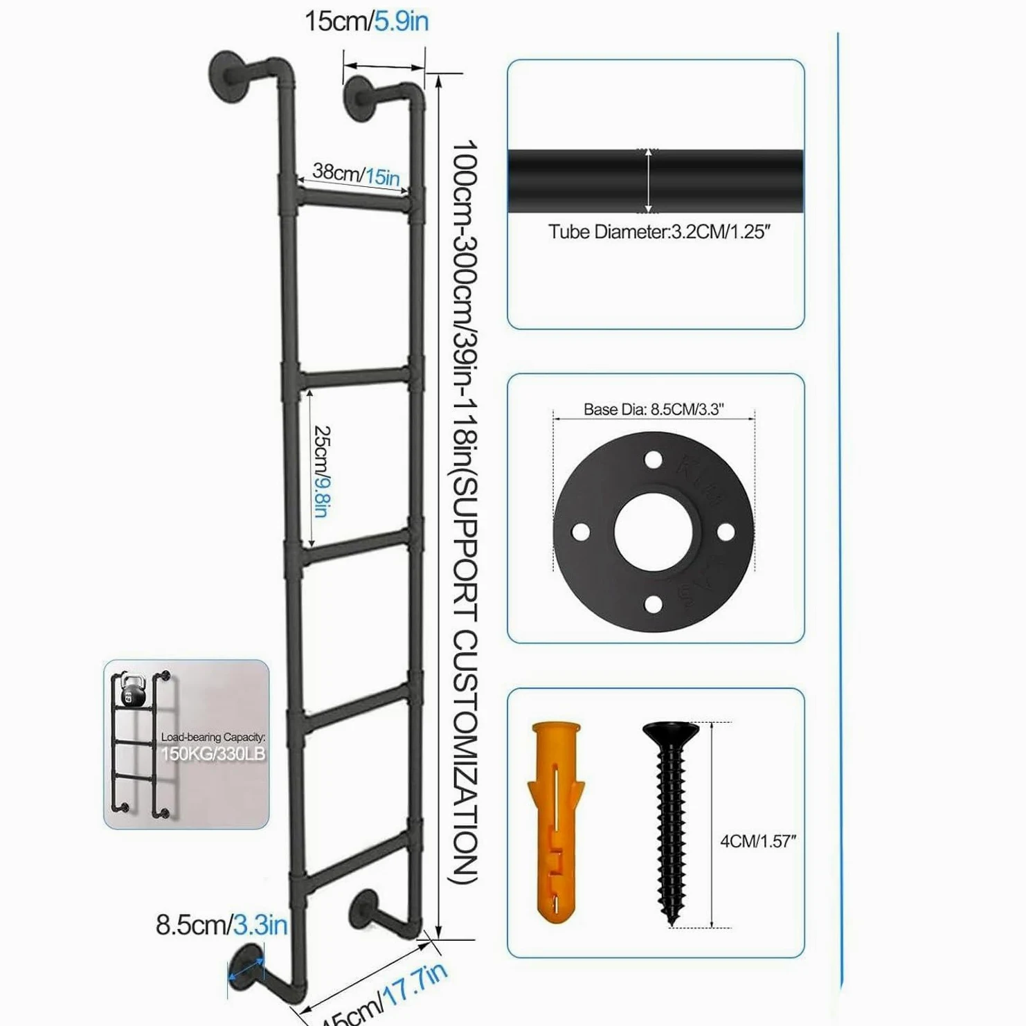 Escalera antideslizante, escalera de escape de incendios de hierro de Metal ferroso montada en la pared, escalera de seguridad del techo al aire libre con camión ático pesado de 330 libras,Black-1.4M