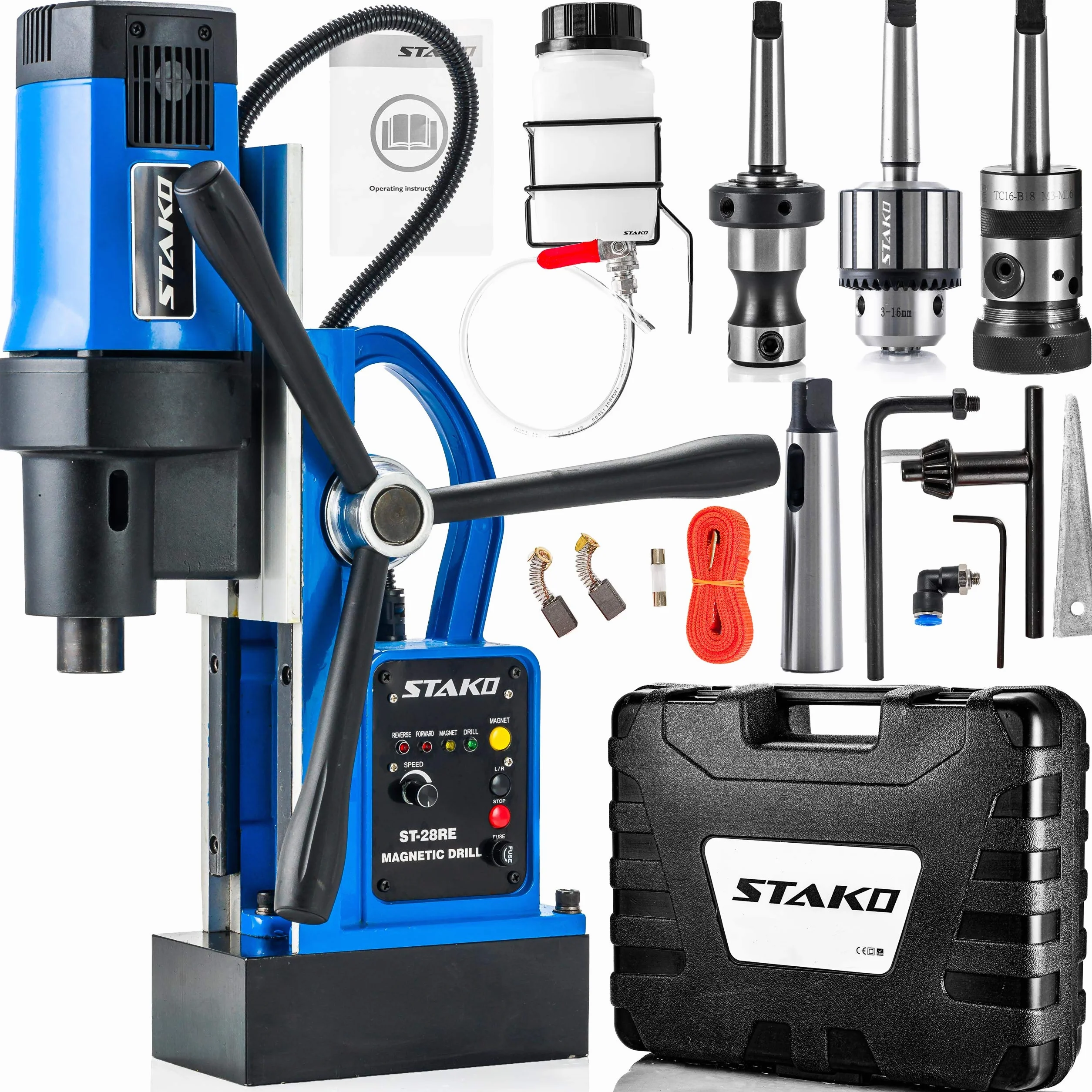 STAKO Taladro magnético de 1800 W con maletín ST-28RE Max.Ø80 mm – Fuerza magnética 16500N – Taladro central portátil para trabajar metal con Weldon 19 mm y portabrocas 3-16 mm y soporte de rosca M3