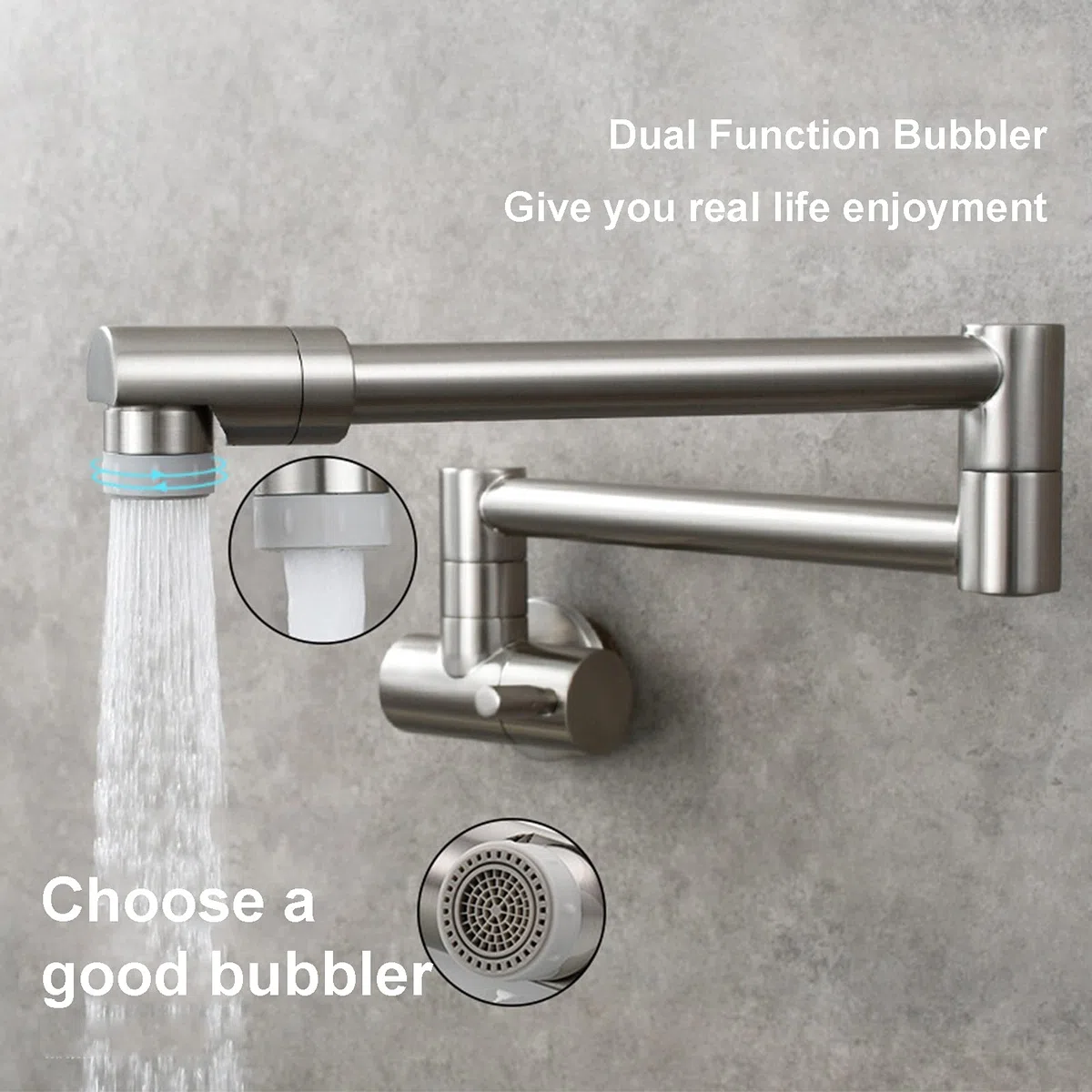 Grifo De Cocina, Latón Plegable Swing Spout Grifo De La Cocina Montaje En Pared Sola Manija Pot Filler Grifo, Grifo De Cocina Plegable Con Brazo Oscilante De Doble Articulación,Brushed