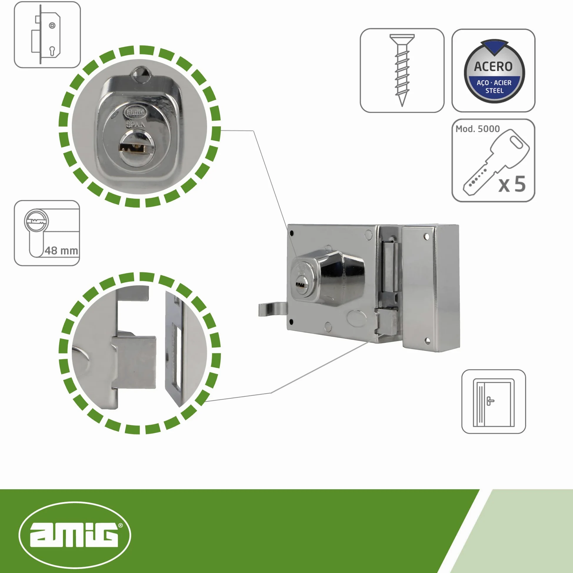Amig - Cerradura de Sobreponer de Derecha con Palanca de Cierre, Lengüeta y Tirador para Puertas de Madera Mod. 73, 100 x 85 mm, Pestillo Con Cilindro Europerfil, Acero Plateado