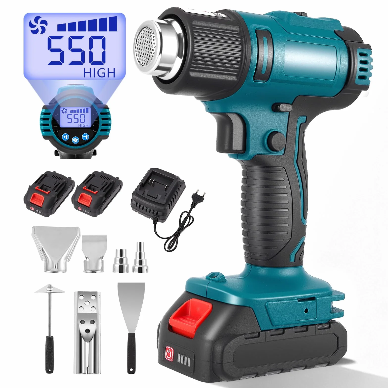 Pistola de aire caliente a batería 50-550 °C 2 baterías 4.0 Ah inalámbrica para soldar plásticos 5 boquillas