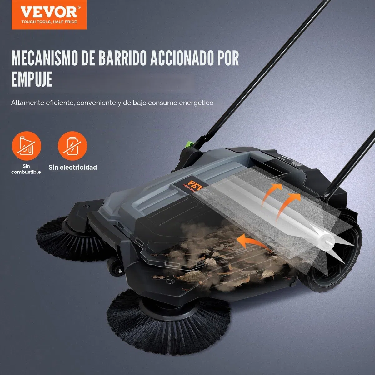 VEVOR Barredora de Suelo de Empuje, Barredora Mecánica, Ancho de Barrido 65 cm, Escoba Manual, Contenedor de Residuos 18.9 L, Mango Plegable Ajustable en Ángulo y Altura, para Jardines, Garajes