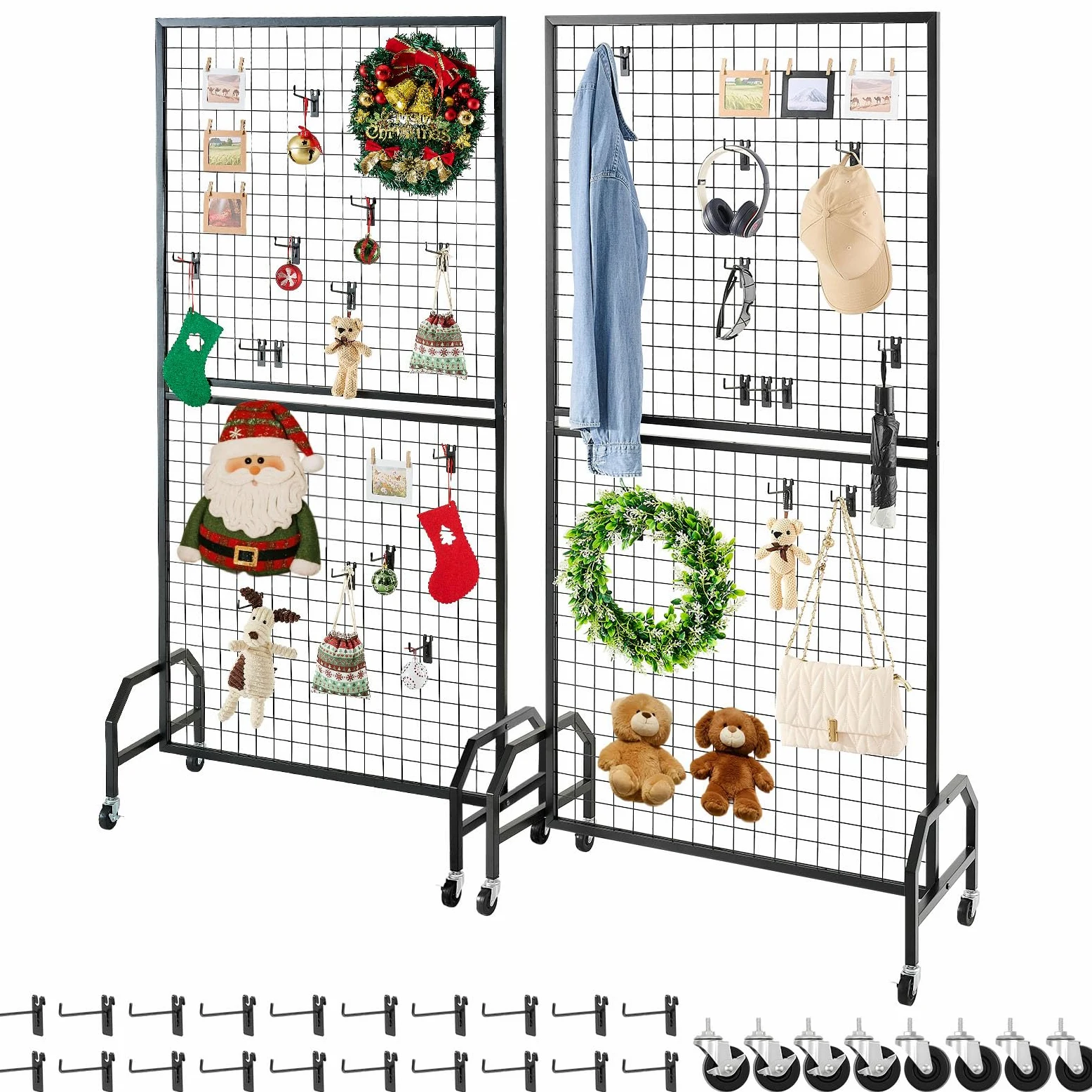VEVOR Paneles de Pared de Rejilla, 2 Unidades, Expositor enrollable 898 x 400 x 1798 mm con 20 Ganchos, Estantes de Acero al Carbono, Expositores para Decoración y Almacenamiento, Negro