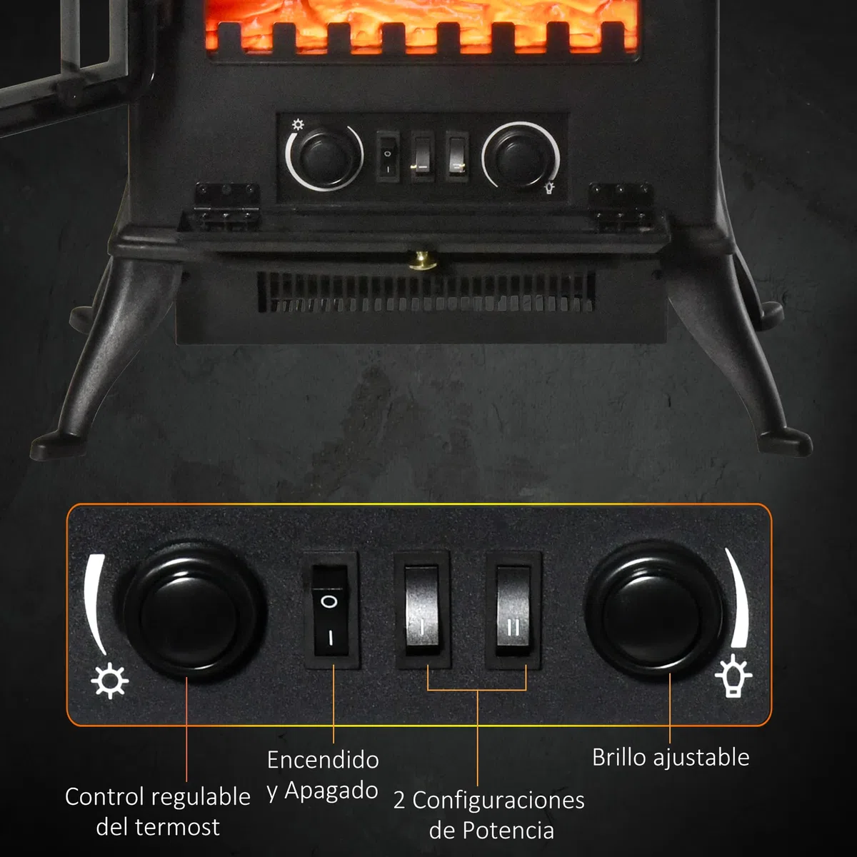 HOMCOM Chimenea Eléctrica Portátil 1000/2000W Chimenea Decorativa de Pie con Efecto de Llama Termostato y Protección contra Sobrecalentamiento para Sala 15-20 m² 45x28x54 cm Negro