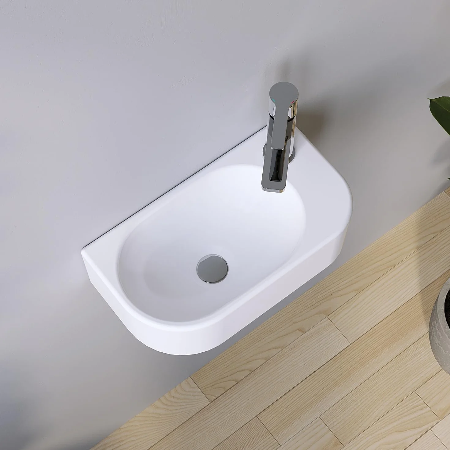 Lavabo de cerámica para lavabo, pequeño, ovalado, 40 x 21 cm, para cuarto de baño, para invitados, orificio para grifo a la derecha con tornillos de bastón, sin rebosadero, sin grifo, sin válvula de