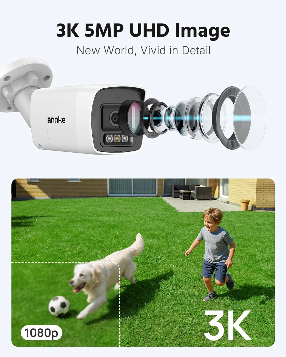 ANNKE 3K/5MP Lite 8 Canales AI DVR con 2TB HDD para Grabación 24/7, 4 Cámaras Cableadas 5MP con Audio Bidireccional y Visión Nocturna en Color Sistema de Seguridad con Alertas por Email e Imágenes