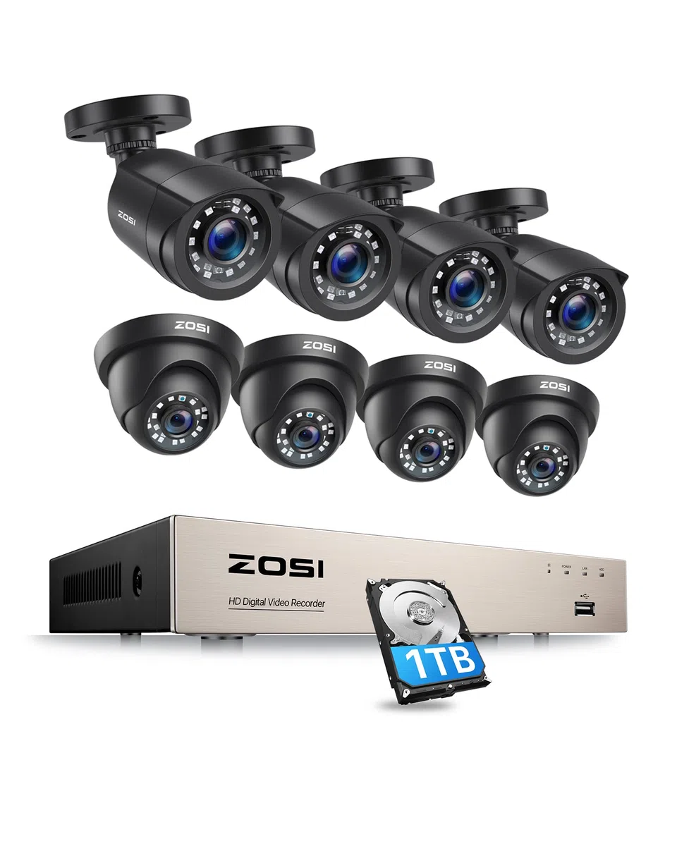 ZOSI 1080P Kit de Cámara de Vigilancia 8CH H.265+ Grabadora DVR con 8 Cámara de Seguridad Impermeable,Visión Nocturna, Detección de Movimiento, 1TB Disco Duro