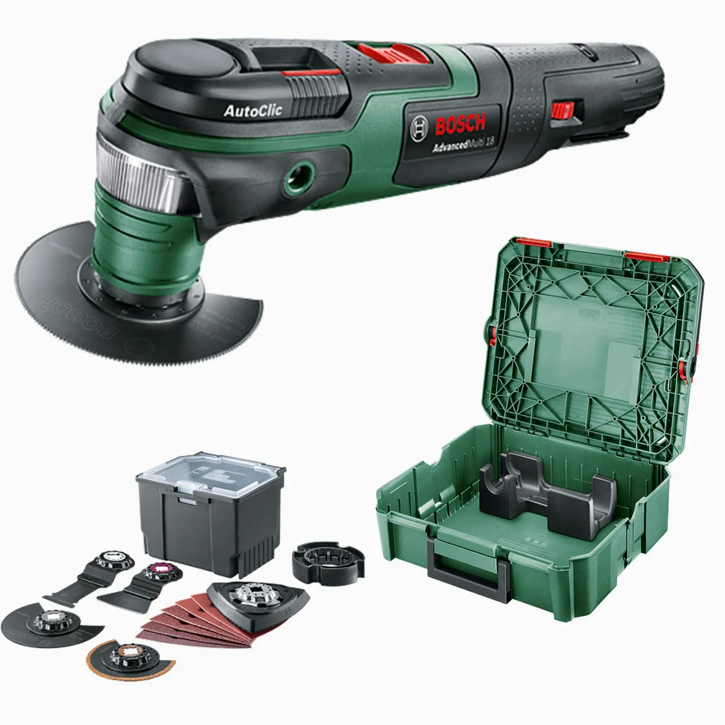 Bosch Multiherramienta AdvancedMulti 18 (sin batería, sistema de 18 V, set universal de accesorios, en SystemBox, tamaño S) - Amazon Edición