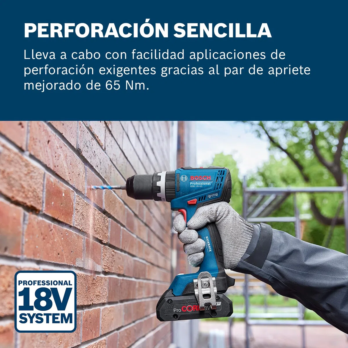 Bosch Professional 18V System atornillador a batería GSB 18V-65 (motor Brushless sin escobillas, longitud del cabezal 175, sin batería/cargador)