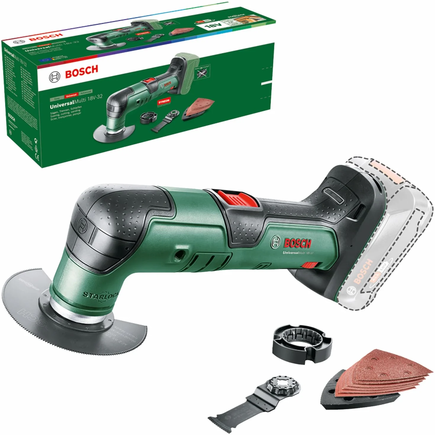 Bosch multiherramienta con batería UniversalMulti 18V-32 (para serrar, cortar, lijar; 1 hoja de sierra; 1 cuchilla de corte; 1 placa lijadora; 6 hojas de lija; 1 tope de profundidad; sin batería)