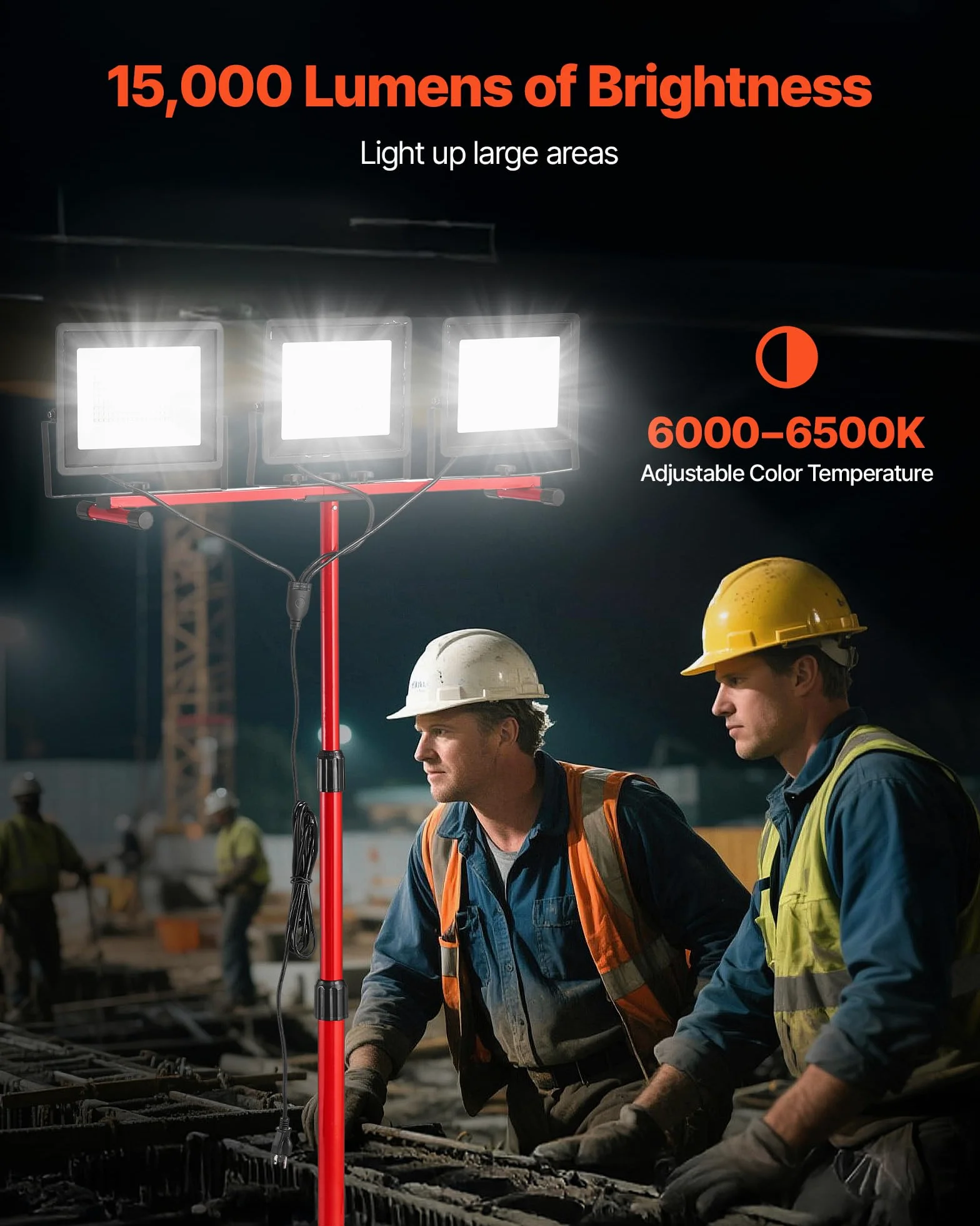 VEVOR Luz de Trabajo LED con Soporte, 15 000 Lúmenes, Luz de 3 Cabezales con Interruptor Individual, Trípode y Cable de Alimentación de 3,3 m para Obras de Construcción, Resistente al Agua IP65