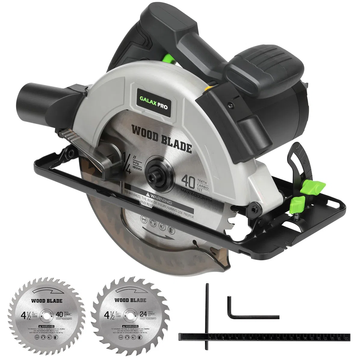 GALAX PRO 1400W Sierra Circular,6000RPM sierra circular manual con guía láser,Corte Máximo:62mm(90°) y 48mm(45°),2 Hojas de Sierra 185mm(24T&40T) para Corte de Madera/Plástico