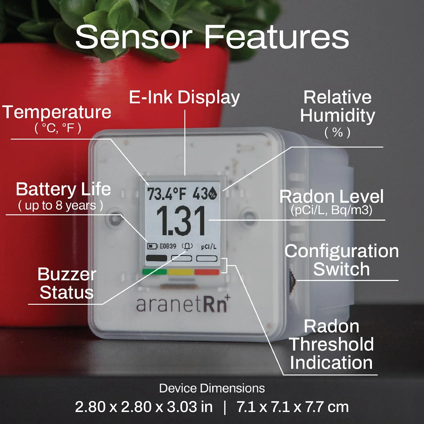 SAF Aranet - Detector de radón para el hogar: medición de 10 Minutos, Temperatura, Humedad Relativa, presión, Pantalla de Tinta electrónica, batería de 7 años, portátil con aplicación Gratuita