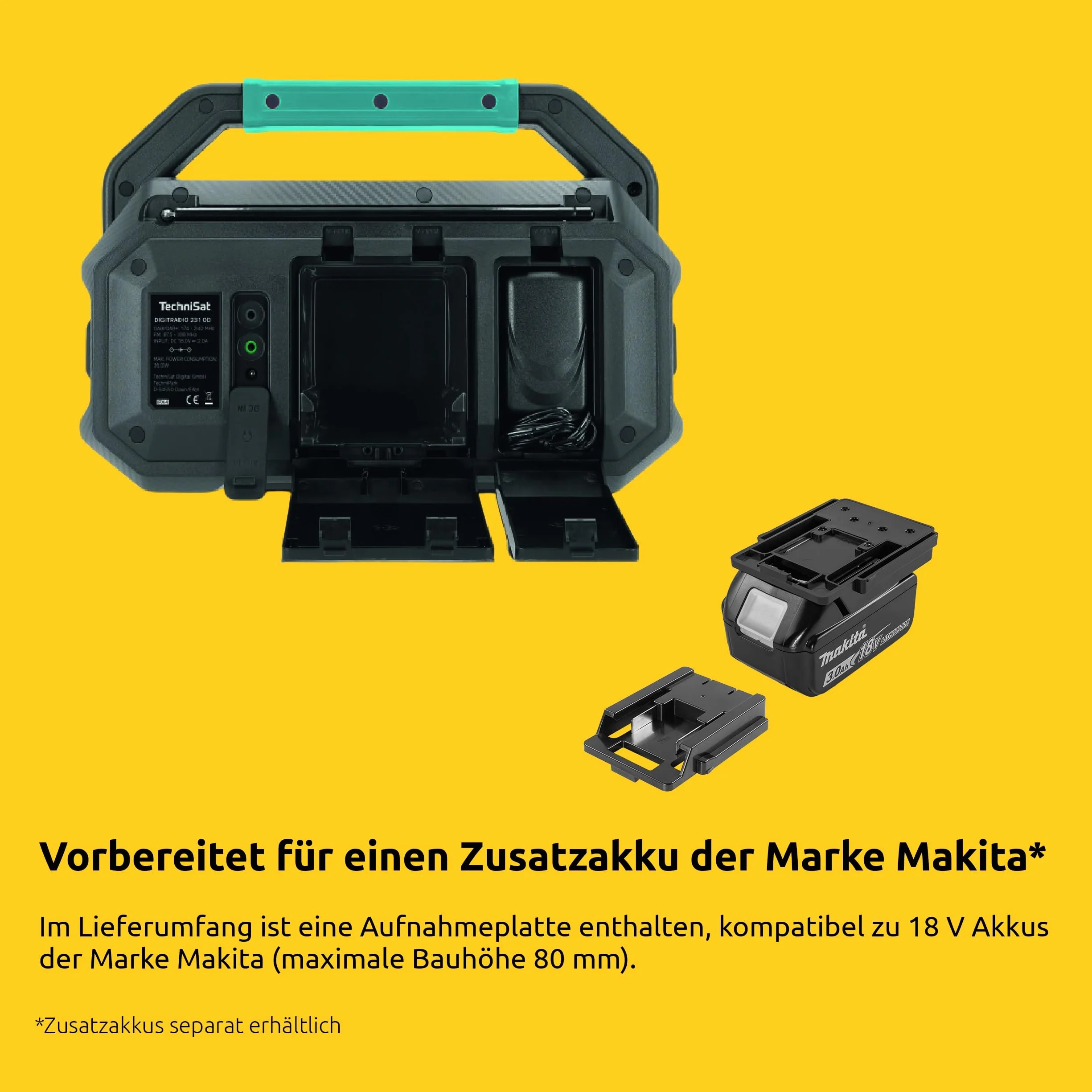 TechniSat Viola 231 OD – Radio Compatible con batería Makita (Dab+, FM, AUX in, Bluetooth, IPX4 a Prueba de Salpicaduras, 2 Altavoces estéreo de 15 W)