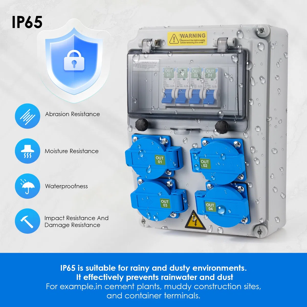 Distribuidor de corriente para construcción, 16 A, IP67, con 4 enchufes, caja de distribución de corriente, 230 V, distribuidor de corriente para obras al aire libre, caja de distribución de pared con