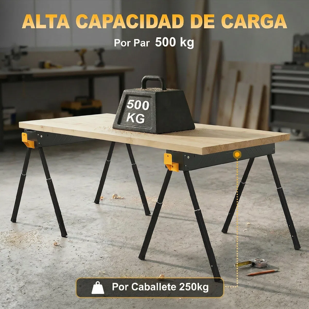 HOMCOM Set de 2 Caballetes para Sierra Plegables, Banco de Trabajo, Altura Ajustable, para Madera 2x4, con Asa, Ganchos, Base Antideslizante, para Carpintería y Bricolaje, Soporta hasta 500 kg, Negro