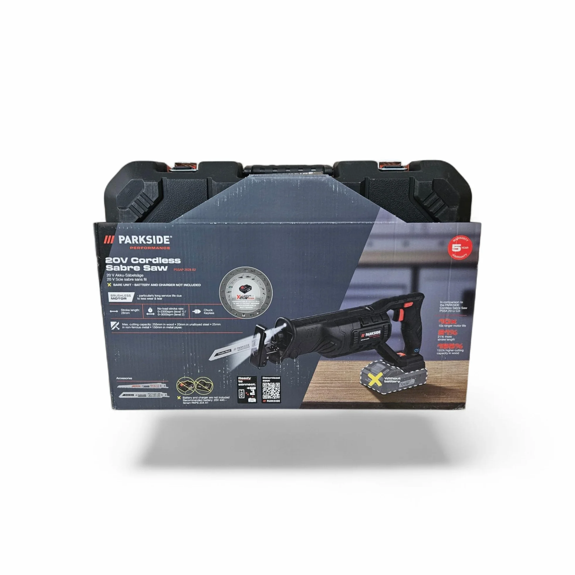 Sierra recíproca a batería Parkside PERFORMANCE PSSAP 20- Li X20V, LED, continua, sin escobillas (en maletín de transporte, sin batería ni cargador)