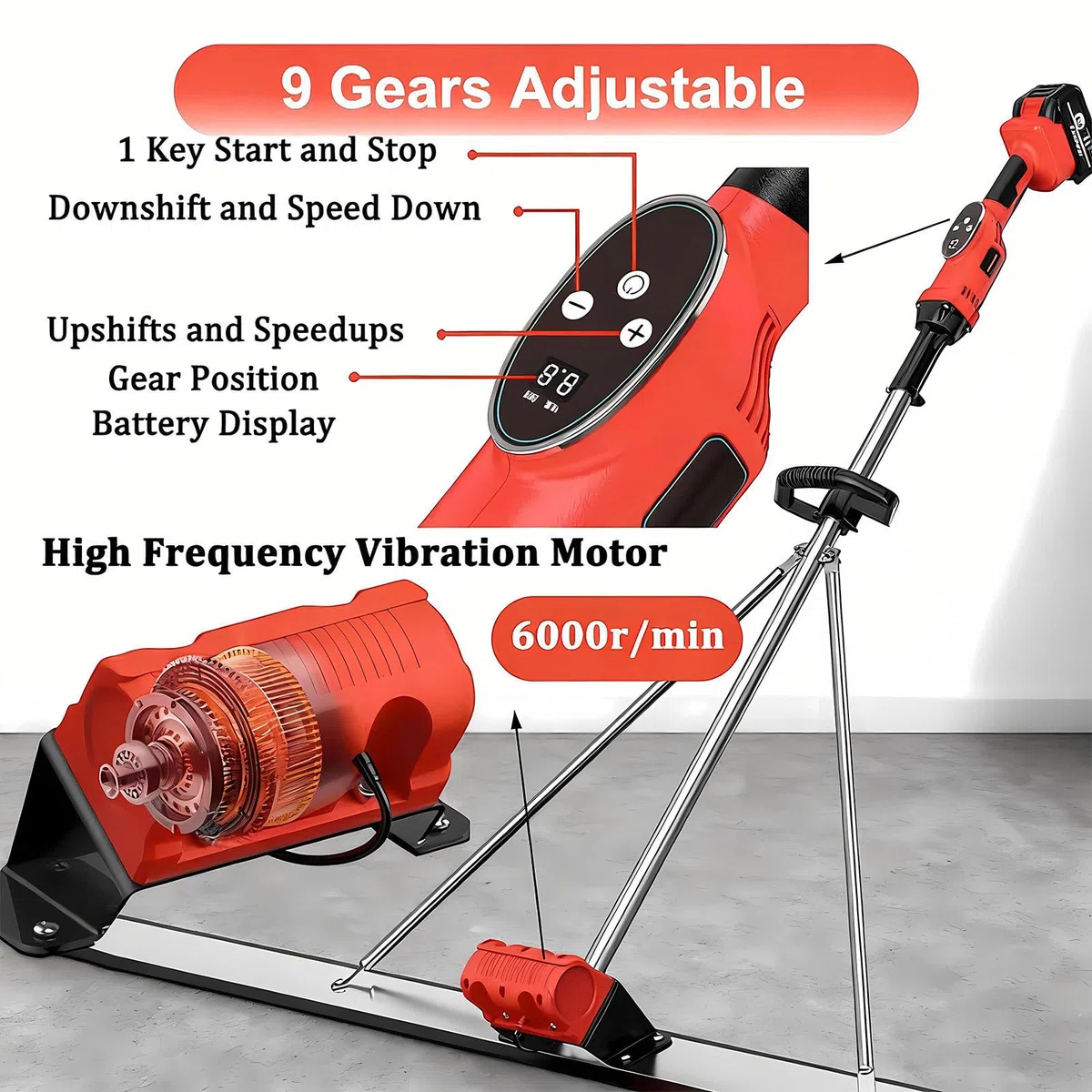 Regla Vibrante Eléctrica para Hormigón, Motor Brushless De Cobre, 2 Baterías De Litio 25000mA, Nivelador De Hormigón Profesional, Motor De Alto Rendimiento TwoMotor1.8M