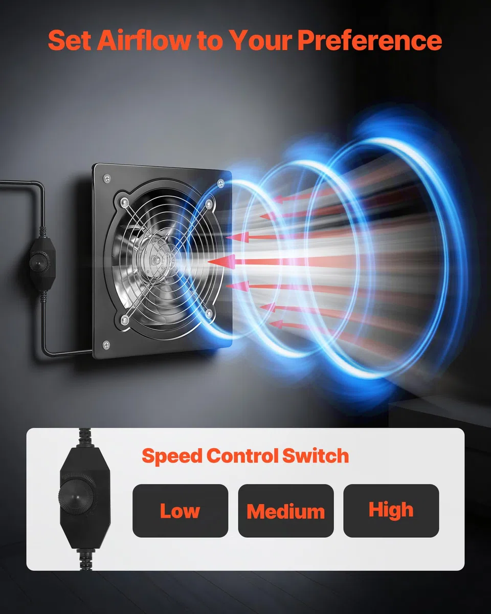 VEVOR Ventilador Extractor de 48 W 980 m³/h, Extractor de Aire de 203 mm, con Control de Velocidad y Válvula Antirretorno, Montaje para Pared, Ventilación para Cocina Baño Garaje Sótano Ático Taller