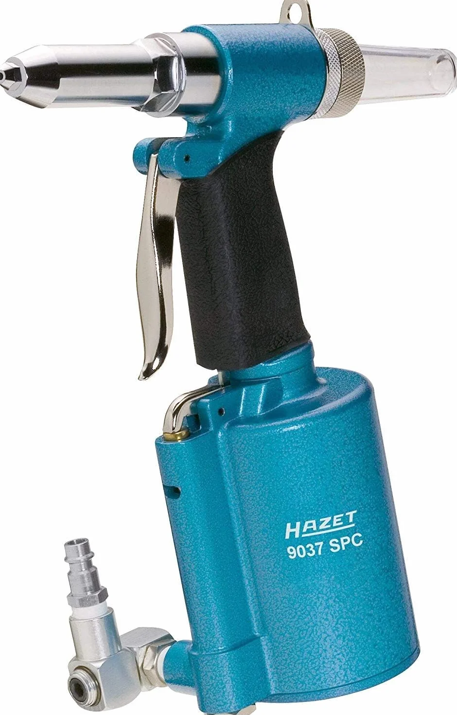 Pistola remachadora HAZET 9037SPC I neumática, hidráulica, 4 boquillas, fuerza de tracción:8700N, tamaño del remache: 2,4-4,8 mm, longitud de carrera 14 mm I herramienta para colocar remaches ciegos