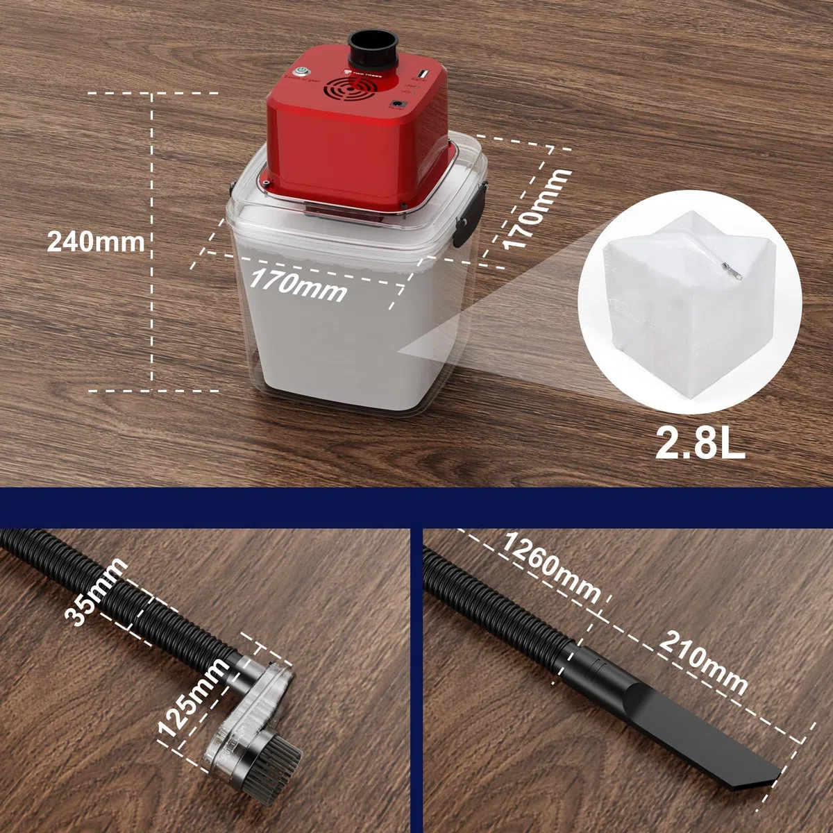 Twotrees M1 Extracción de polvo para fresadora CNC, sistema de filtro de aire con succión potente (6000 Pa), gran sistema de recogida de polvo de 2,8 litros, kit CNC, compatible con la serie CNC